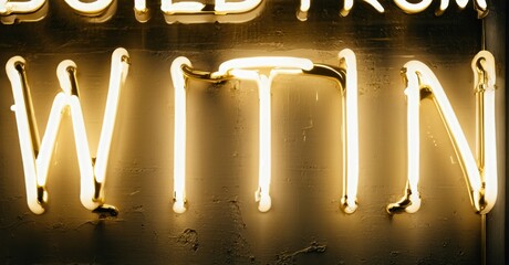 Bright neon sign spells WITHIN. Warm glow illuminates textured wall. Simple typography creates striking visual impact.