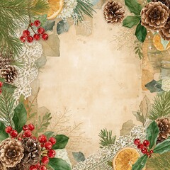 Vintage winter border with pine cones holly berries dried orange slices and lace elements