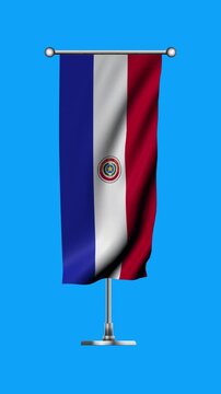 Realistic Standing Vertical  Wavy Flag Banner of PARAGUAY on Metallic Pole with Loop Animation