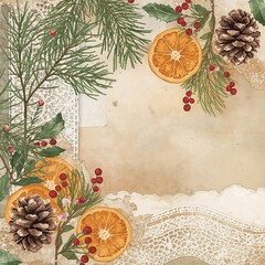 Vintage paper background frame with pine branches dried orange slices berries and lace elements