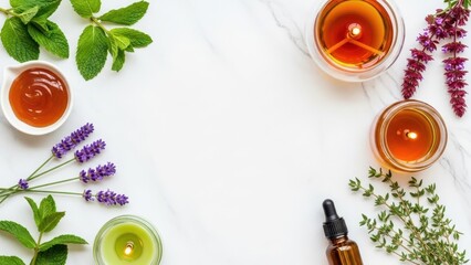 Aromatic Sanctuary: A visually inviting composition of nature's treasures, aromatic herbs, flickering candles and herbal essence, arranged invitingly, setting a stage for tranquility and relaxation.
