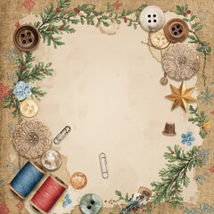 Vintage crafting border frame with sewing notions and antique paper background