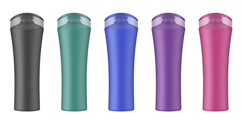 Set of black, teal, blue, purple, and burgundy red cosmetic bottles. Realistic mockup. Korean packaging. Lotion or shower gel. Conditioner or hair mask