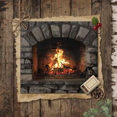 Stone fireplace with burning wood logs framed by rustic wood planks and holiday accents