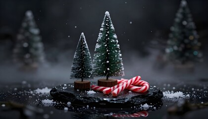 Christmas Card - Loading Concept - Tree And Candy Canes On Black Stone