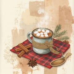 Steaming mug of hot chocolate with marshmallows cinnamon sticks and star anise on red plaid