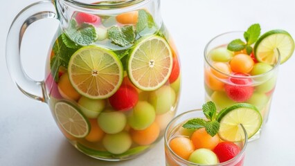 Refreshing Fruit Infusion: A vibrant pitcher and glasses filled with a colorful array of fruit spheres, enhanced by citrus slices and fragrant mint, offers a cooling and visually stunning drink.
