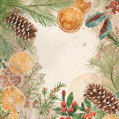 Watercolor border design featuring pine cones dried orange slices red berries and evergreen branches