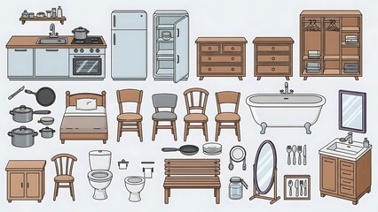 Vector illustration of various household items: kitchen, bedroom, bathroom furniture & appliances. Clean line art for home decor, interior design, and domestic life concepts.