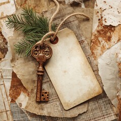 Antique ornate key resting on blank parchment tag with pine sprig on vintage paper background