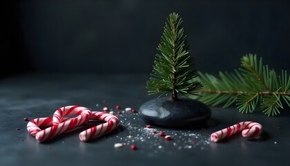 Christmas Card - Loading Concept - Tree And Candy Canes On Black Stone