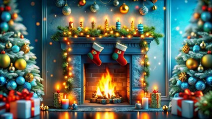 A warm and cozy Christmas scene featuring a fireplace adorned with stockings, garlands, candles, and festive decorations. Ideal for holiday decor, winter themes, and seasonal celebrations.