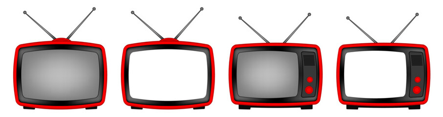 Red retro TV with antenna. Vintage television set. Old device. Transparent mockup of a screen	