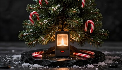 Christmas Card - Loading Concept - Tree And Candy Canes On Black Stone