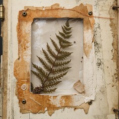 Dried fern frond pressed under glass within aged layered and torn paper mounting