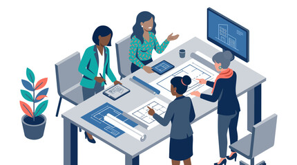 team of diverse professionals collaborating on architectural blueprints in a modern conference room with digital design tools and a potted plant