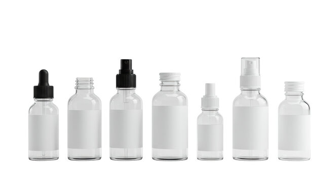 diverse transparent glass bottles, blank white labels, dropper, screw, and nozzle caps, arranged horizontally on a transparent background with copy space. professional product packaging mockup