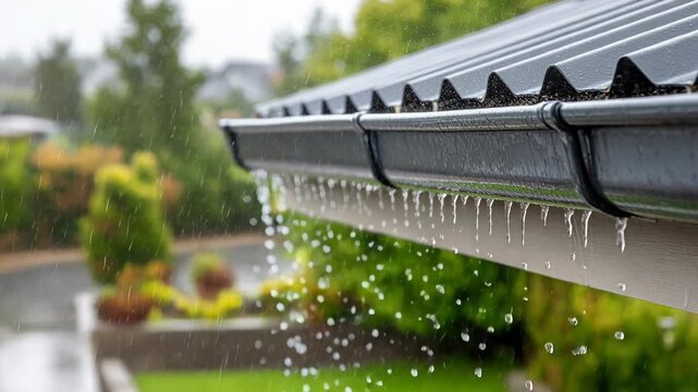 Close-up view of rain falling from a dark gray gutter attached to a black roof on a cloudy day.