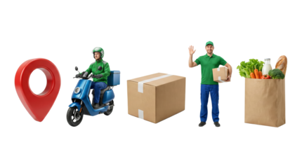 Delivery Service Elements Including Location Pin Rider Parcel and Customer Holding Bag with Fresh