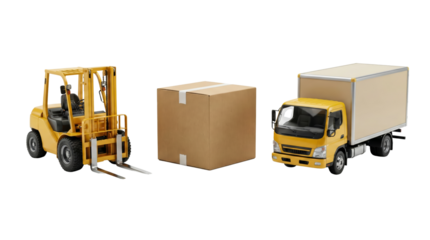 Miniature freight vehicles including forklift and delivery truck with package isolated on black