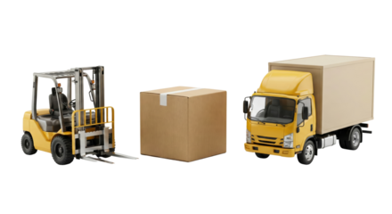 miniature forklift and delivery truck with package on isolated transparent background