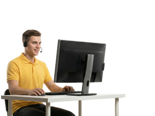 young man working at computer with headset in office environment isolated transparent background