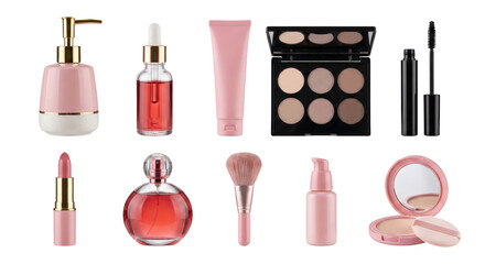 elegant collection of makeup and beauty essentials arranged on isolated transparent background