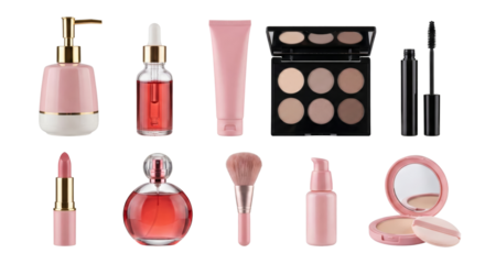 elegant collection of makeup and beauty essentials arranged on isolated transparent background