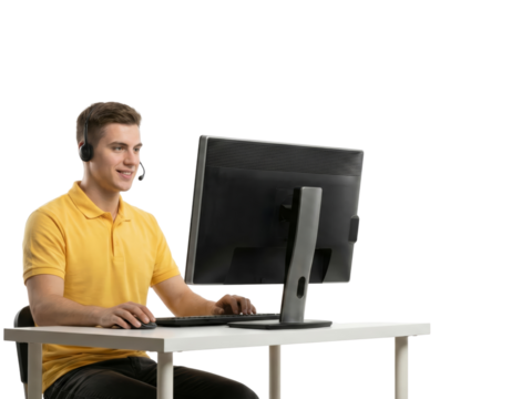 young man working at computer with headset in office environment isolated transparent background - Powered by Adobe