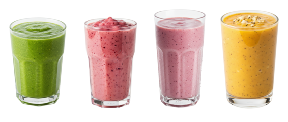 collection of four colorful and healthy smoothies in glasses, showcasing diverse fruit and vegetable blends, isolated on transparent background.