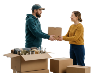 Delivery person handing over a parcel to a smiling recipient with boxes on a black background