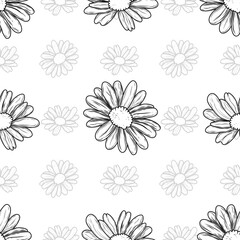 Seamless vector pattern with black and white chamomile flowers on a white background. ideal for fabric, packaging, wrapping paper, decor, and stationery.