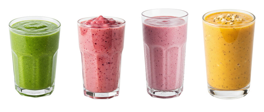 collection of four colorful and healthy smoothies in glasses, showcasing diverse fruit and vegetable blends, isolated on transparent background.
