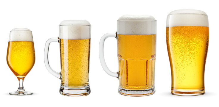 realistic photograph of a diverse assortment of fresh, cold golden beer in various mugs and glasses, each with a foamy head, isolated on black.