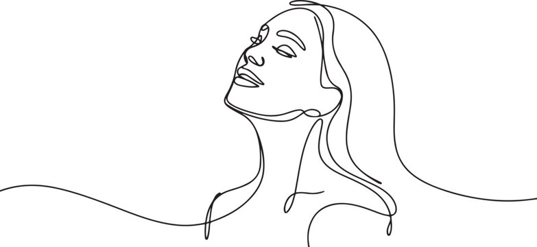 continuous line drawing of woman facing upwards, with calm mind, smiling and happy. single line vector illustration. one line Icon drawing