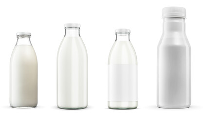 assortment of fresh milk bottles, featuring various glass and plastic containers, isolated against...