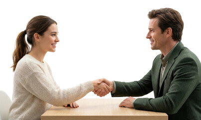 business handshake between a smiling young woman and an older man against a black background