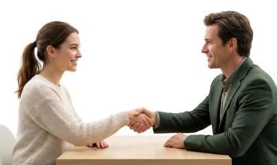 business handshake between a smiling young woman and an older man against a black background