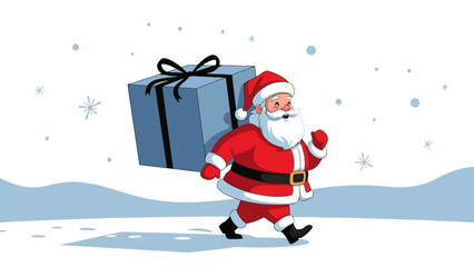 Santa Claus Carrying Gift Box in Snowy Landscape for Christmas Celebrations