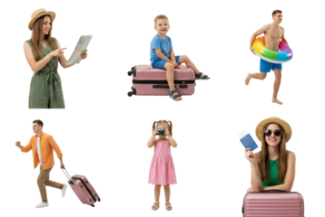 Young woman reading a map, joyful child sitting on a suitcase, and a man in swimwear with a floaty