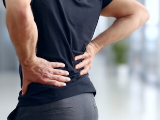 腰を押さえて痛みに耐える男性の腰痛や体調不良を伝える日常の健康シーン
