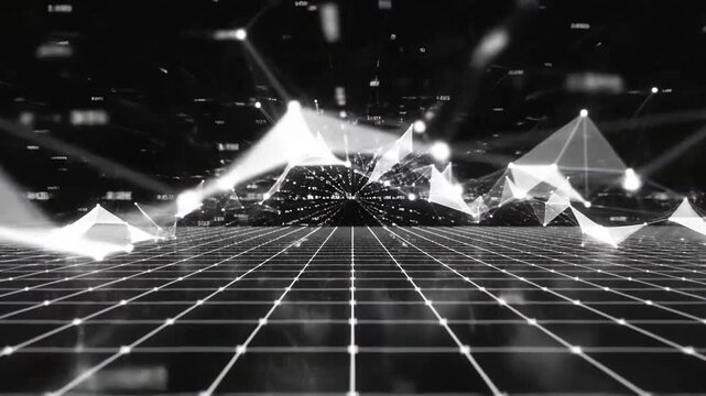 Abstract Digital Network with Moving Triangles and Grid Lines in Black and White Futuristic Visualization