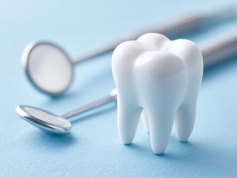 白い歯の模型と歯科用ミラーで表現する予防歯科と口腔ケアの清潔イメージ