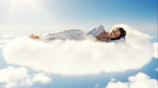 Woman sleeping peacefully on fluffy white cloud in bright blue sky. Serene dreamlike relaxation and heavenly floating sequence in animated video.