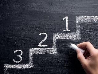 目標達成までの手順や優先順位を段階的に示す黒板のステップ図とチョークの写真