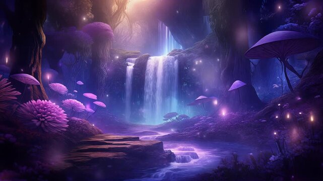 Enchanting Waterfall in a Mystical Purple Forest with Glowing Fantasy Plants