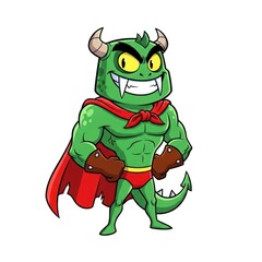 Fototapeta premium Cartoon Green Monster Superhero Wearing Cape and Mask in Confident Pose.