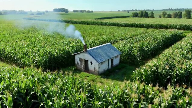 eye catching 4K aerial drone perspective providing top down view of solitary small wooden hut strategically situated in exact middle of expansive lush green cornfield powerfully conveying mes of