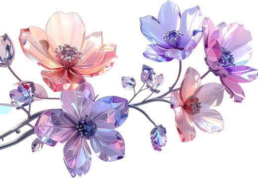 D Crystal Flower Branch with Iridescent Petals and Gem Details