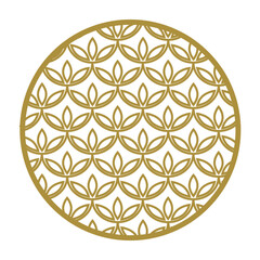 Golden outline forming a traditional japanese inspired circular pattern with repeating stylized floral or leaf motifs, offering a decorative and elegant graphic element © PikePicture